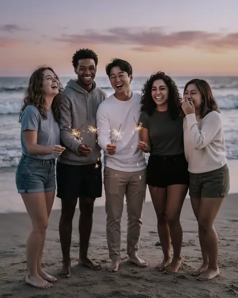 Five friends holding lit sparklers on a beach at sunset