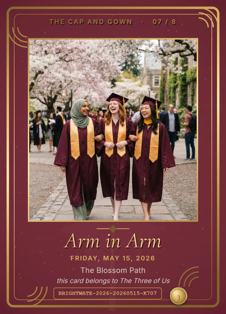 Three college friends in maroon gowns and gold stoles walking arm in arm and laughing under blossoming trees, on a maroon and gold keepsake card