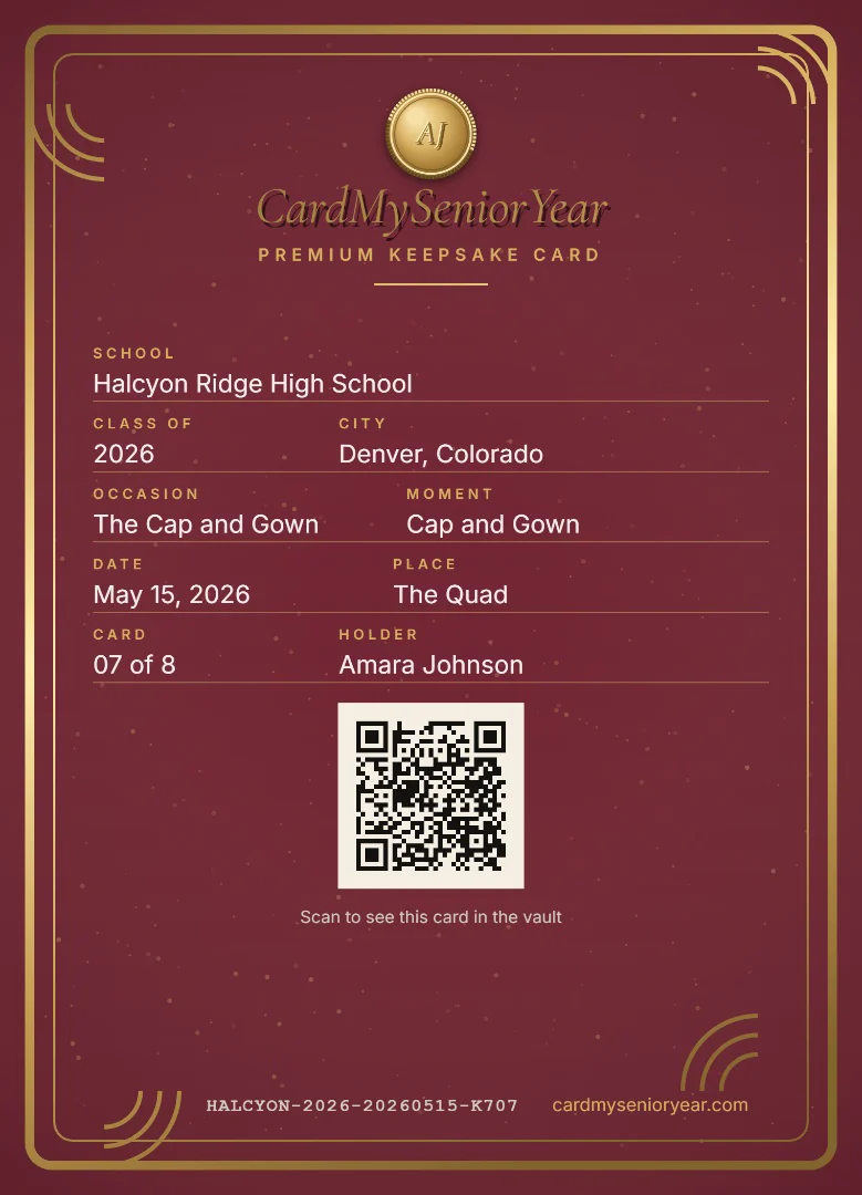 The back of the same card showing the school, the class, the city, the moment, the date, the card number and a QR code