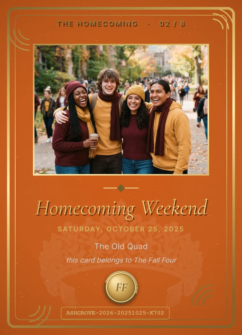 Four college friends in maroon and gold sweaters and scarves hugging on a leafy campus path during homecoming weekend, on an orange and black keepsake card