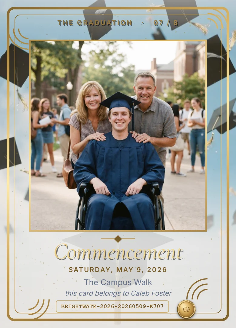 A college graduate who uses a wheelchair, in a navy gown and cap, smiling between his mother and father on a campus walkway, on a white and navy keepsake card