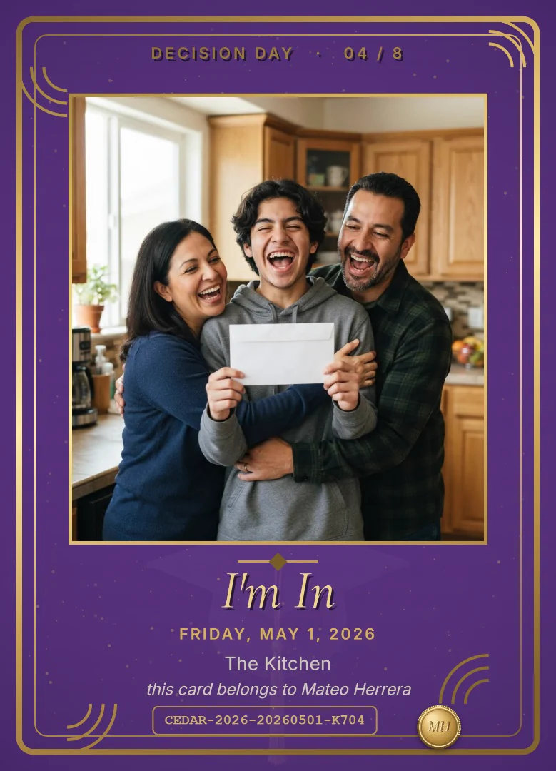 A senior laughing with joy holding an envelope between his parents in the kitchen, on a purple and gold keepsake card