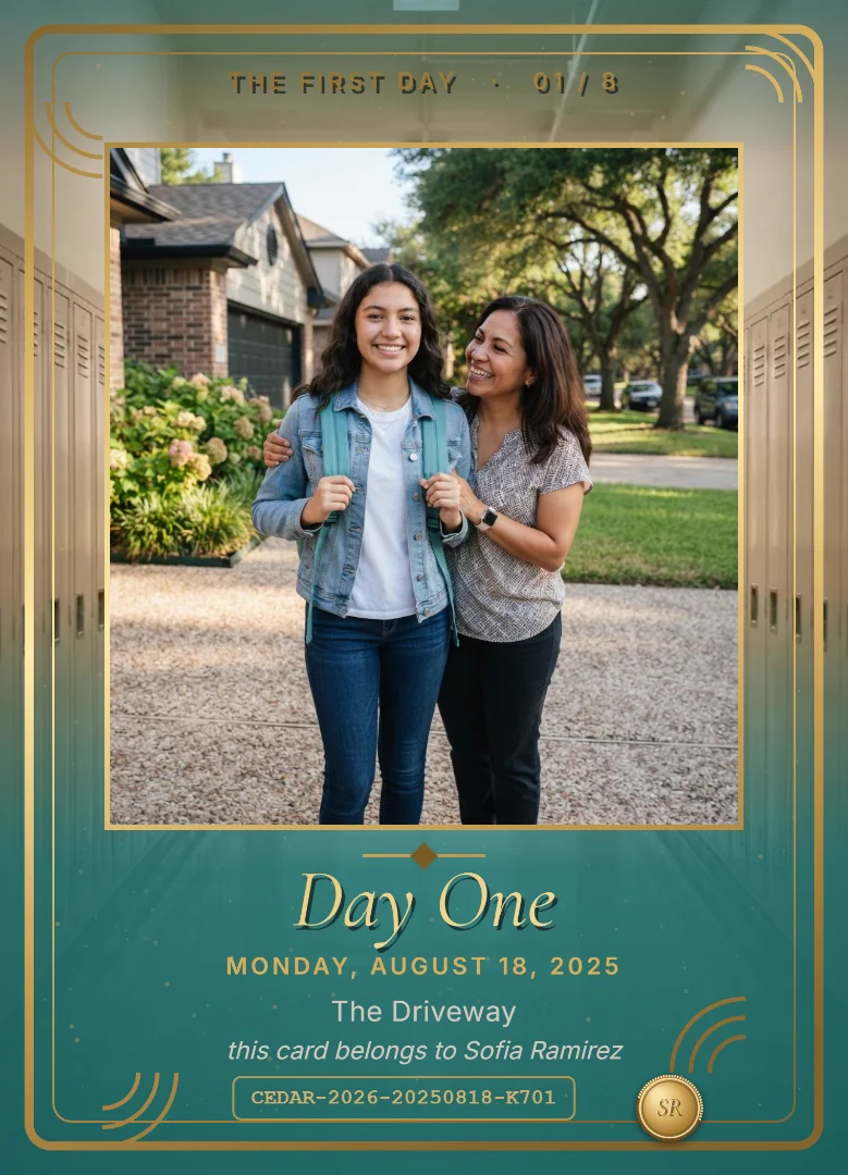 A senior with a teal backpack and her mom in the driveway on the first day of school, on a teal and silver keepsake card