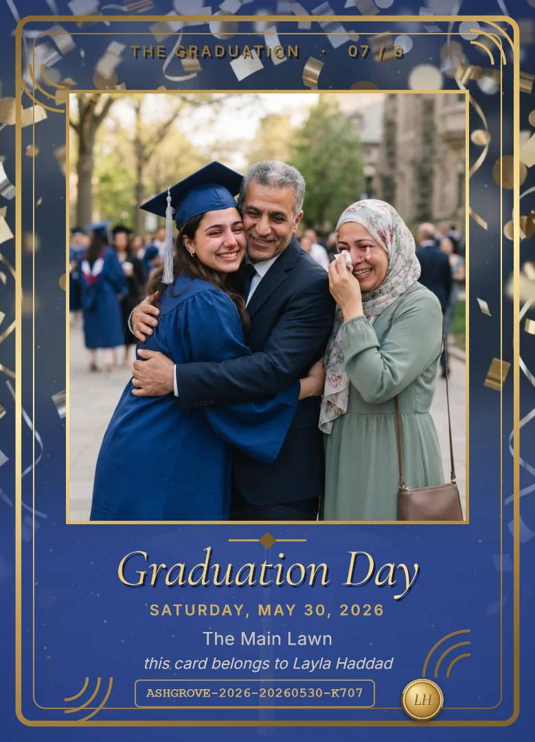 A college graduate hugging her father while her mother wipes happy tears, on a royal blue keepsake card