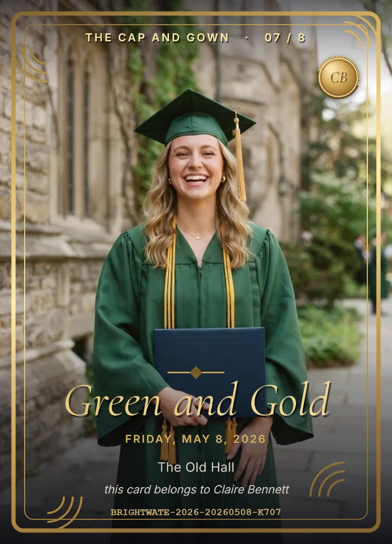 A college graduate in a forest green gown and gold honor cords holding her diploma folder in front of an old stone building, on a full-bleed forest green and gold keepsake card