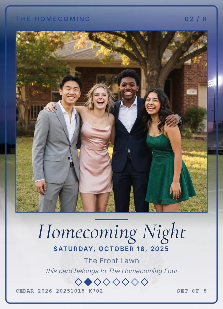 Four friends in homecoming outfits on a front lawn, on a white and navy keepsake card