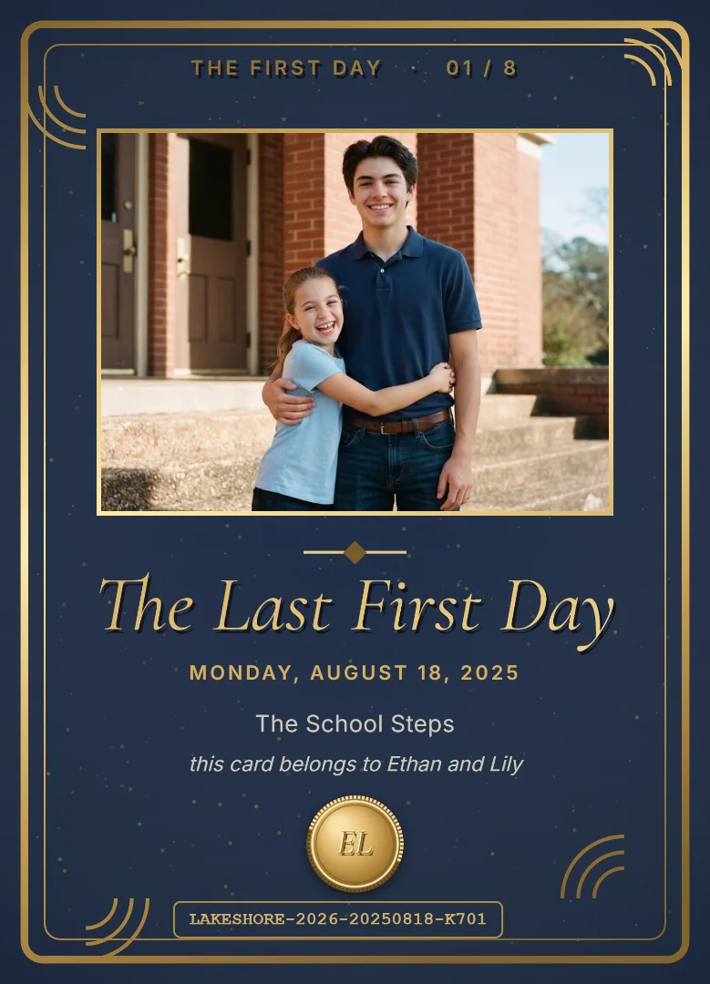 A senior and his little sister hugging on the school steps on the first day, on a navy and silver keepsake card