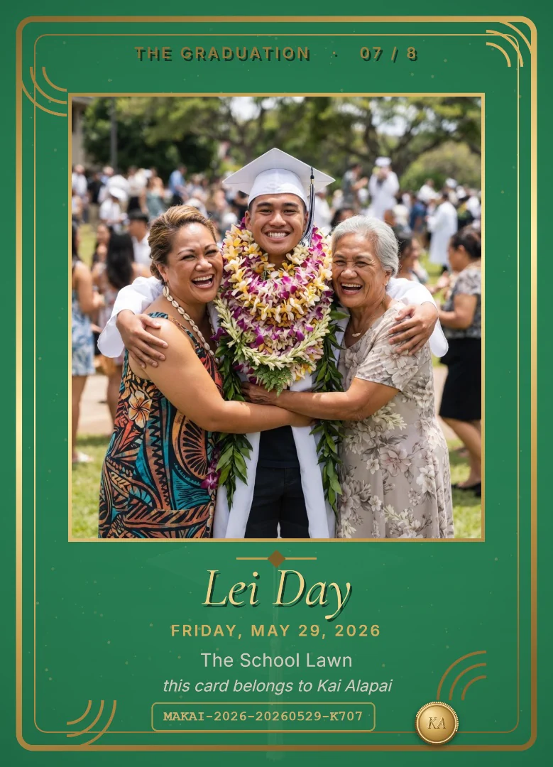 A graduate in a white gown piled with flower leis, hugged by his mother and grandmother, on a green and white keepsake card