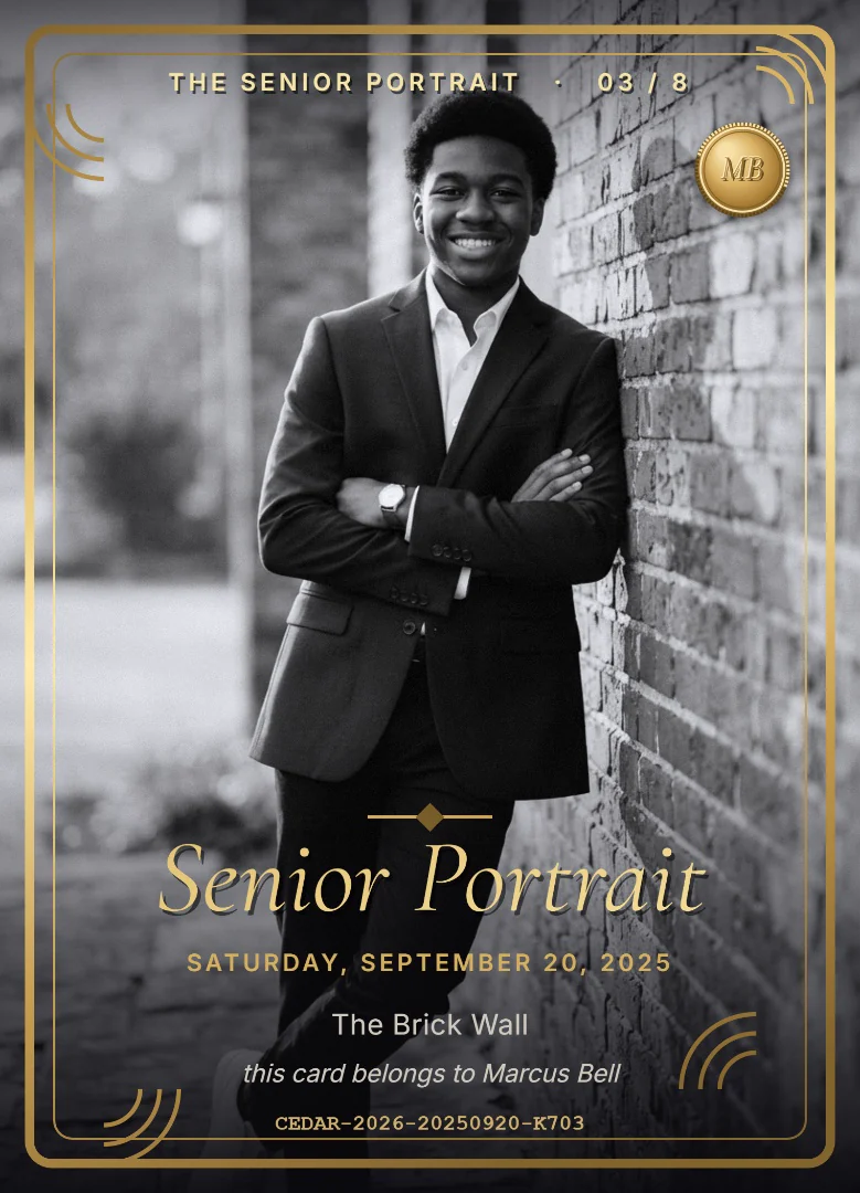 The same senior in black and white on a keepsake card