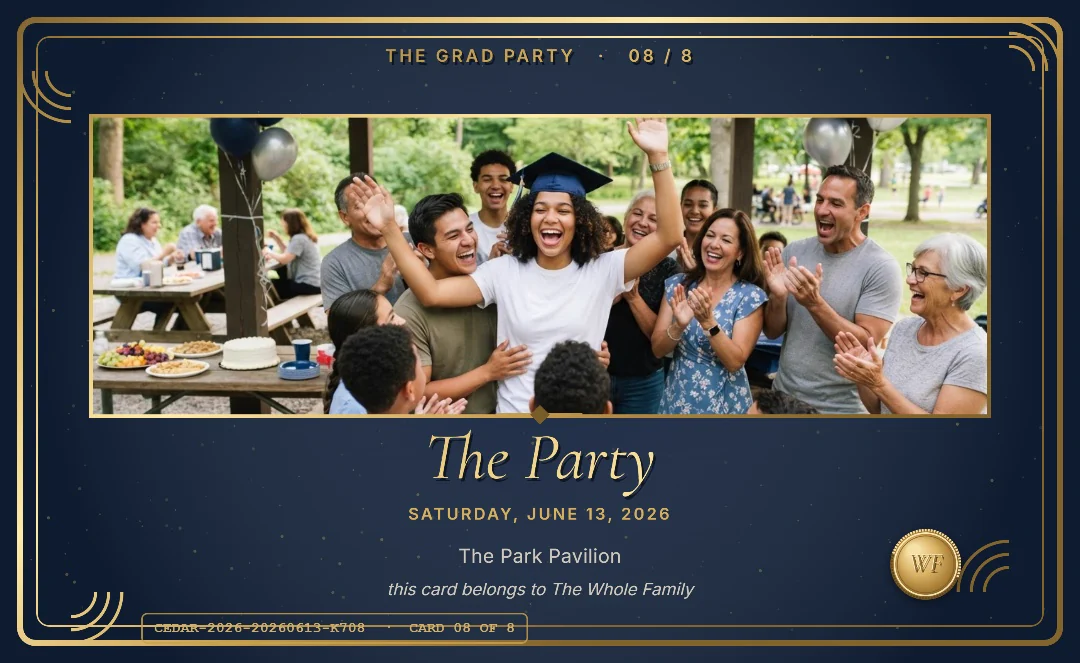 A graduate in a navy cap waving both arms as family and friends cheer under a park pavilion with navy and silver balloons, on a wide navy and silver panorama card