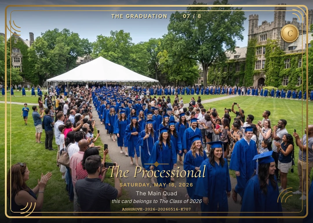 Hundreds of graduates in royal blue gowns walking across a sunny quad toward a white tent while families line the path and clap, on a wide royal blue and white keepsake card