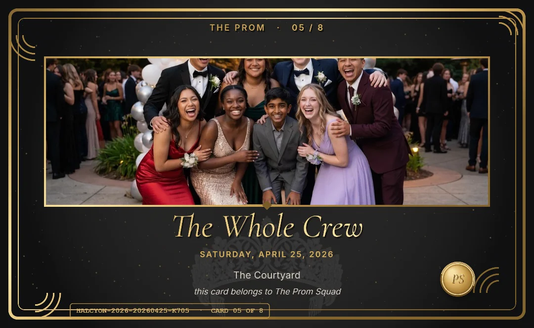 Eight friends in prom formal wear laughing under a balloon arch, on a wide black and silver panorama card