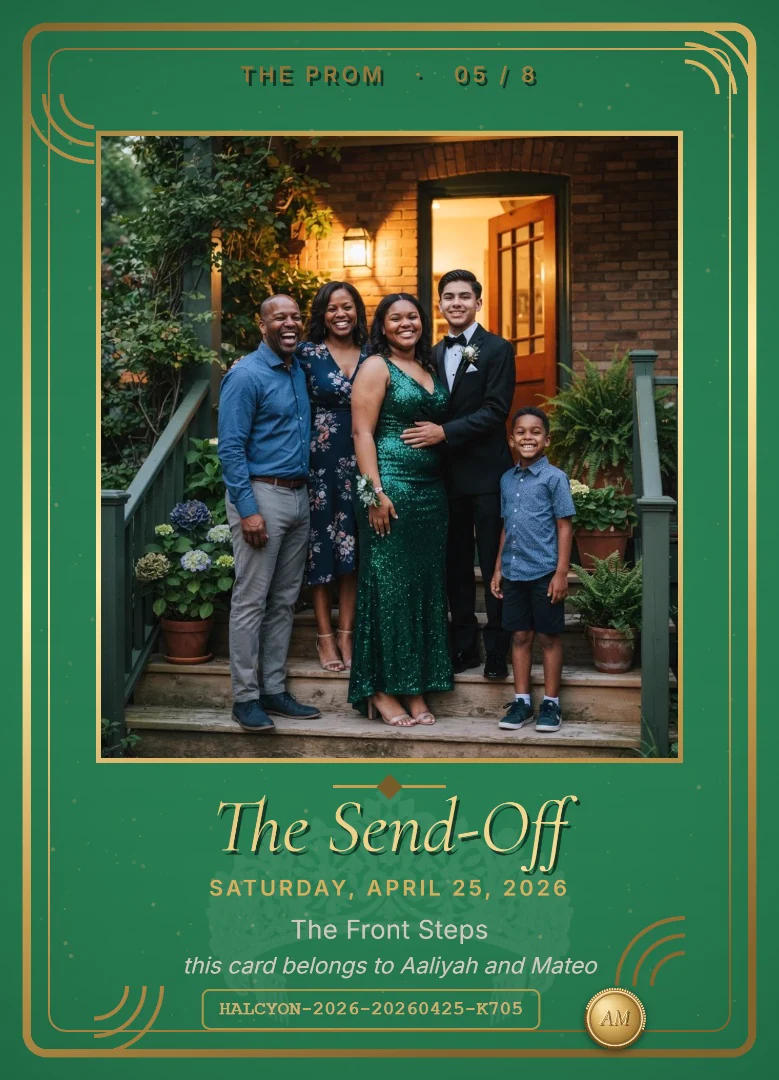 A high school couple in prom outfits on the front steps of a family home with her parents and little brother beaming beside them, on a green and white keepsake card