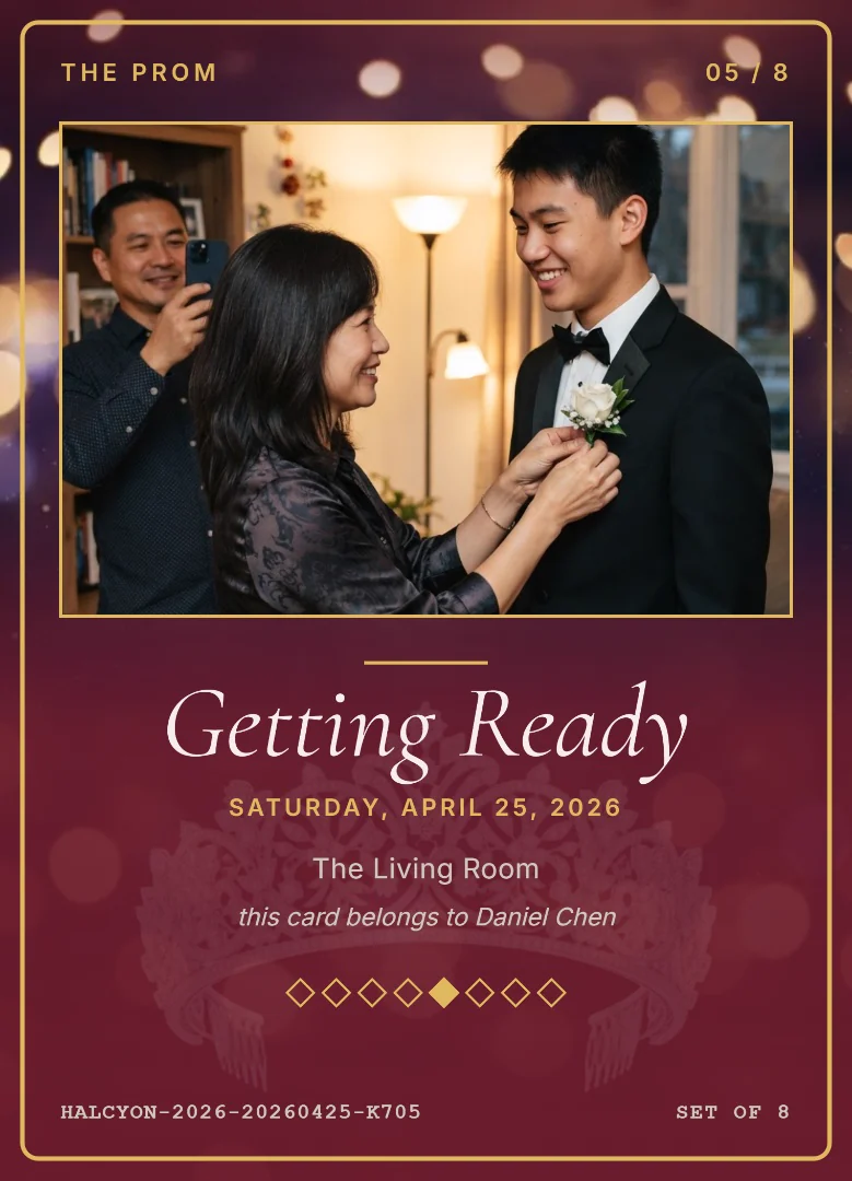 A mother pinning a boutonniere on her son&rsquo;s tuxedo before prom while his father takes a photo, on a maroon and gold keepsake card