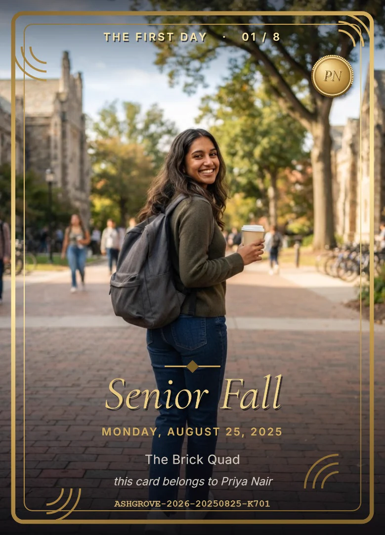 A college senior with a backpack and a coffee cup looking back over her shoulder on a brick campus quad on the first day of classes, on a full-bleed charcoal and red keepsake card