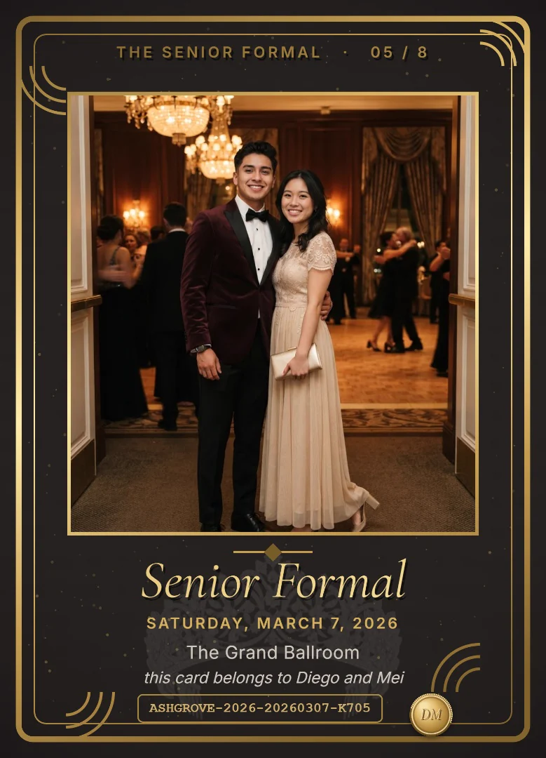 A college couple in formal wear at the entrance of a ballroom with chandeliers, on a black and red keepsake card for the senior formal
