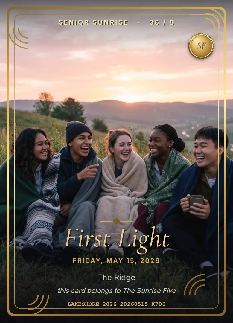 Five high school seniors wrapped in blankets on a hilltop at dawn, laughing as the sun comes up, on a full-bleed purple and gold keepsake card