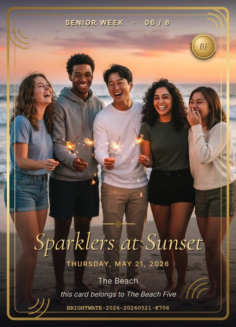 Five college friends holding lit sparklers on a beach at sunset during senior week, on a full-bleed orange and black keepsake card