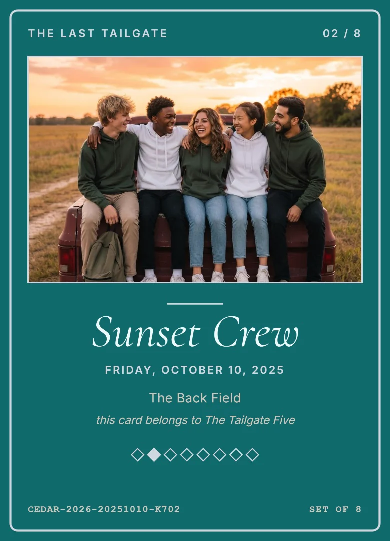 Five high school friends laughing on the tailgate of a pickup truck at sunset, on a teal and silver keepsake card