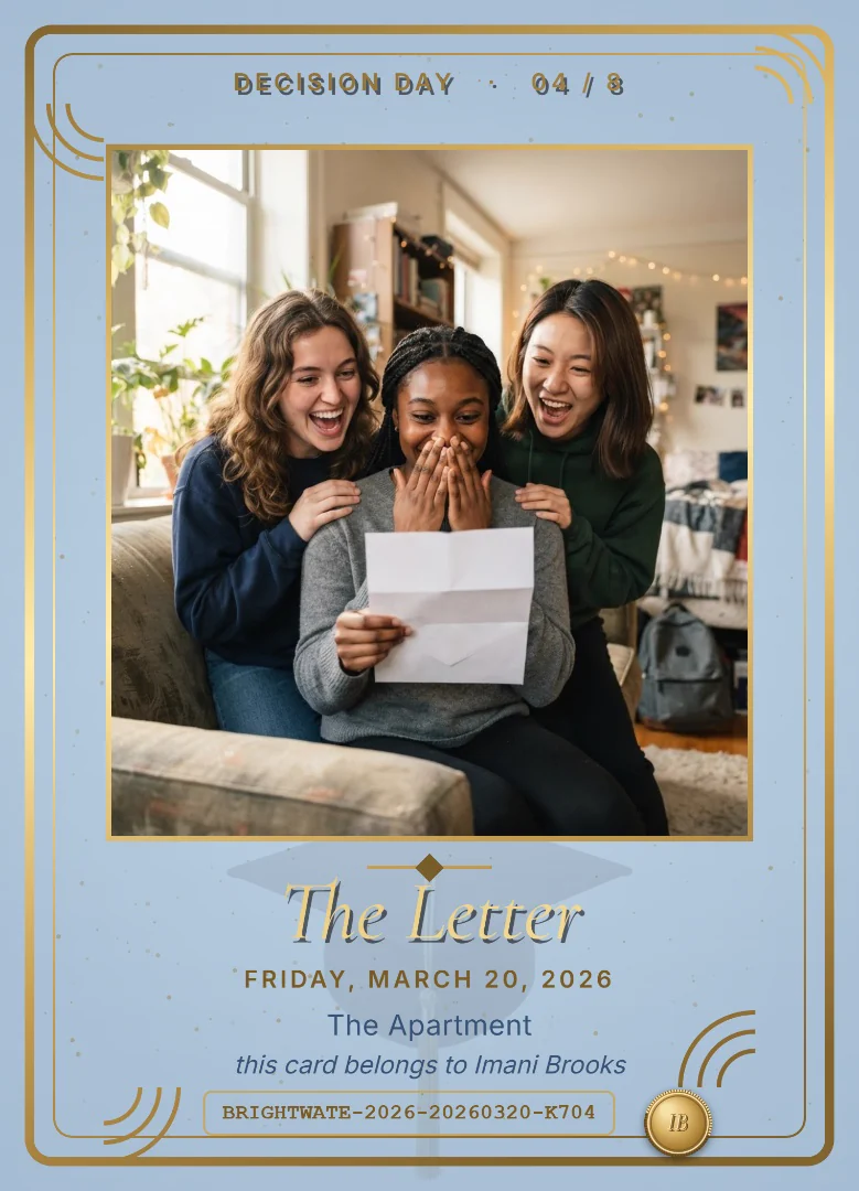 A college senior reading a letter with both hands over her mouth while two roommates cheer beside her, on a sky blue and navy keepsake card