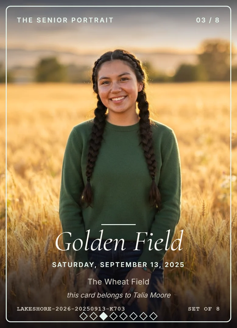 A high school senior with long braids in a green sweater standing in a golden wheat field at sunset, on a full-bleed green and white keepsake card